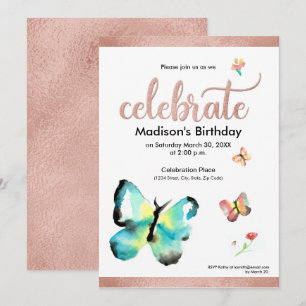 Invitation Anniversaire de papillon d'aquarelle personnalisée