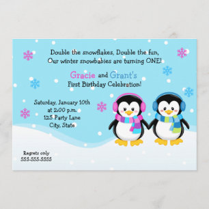 Invitation Anniversaire de Penguin Twins, Garçon/F