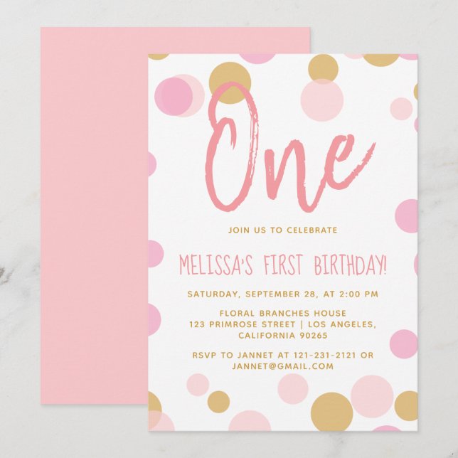 Invitation Anniversaire de Polka Dot Blush Pink Confetti (Devant / Derrière)