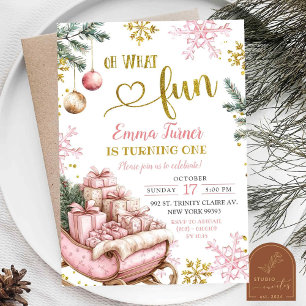 Invitation Anniversaire de premier hiver avec traîneau rose