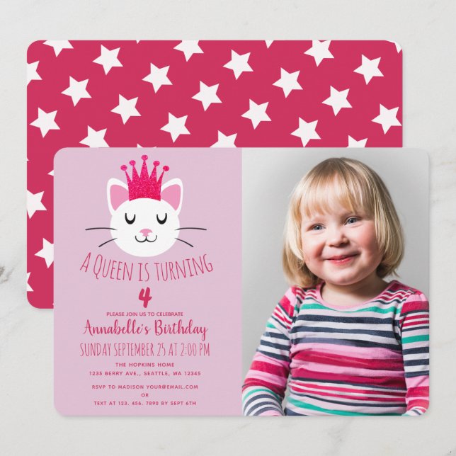 Invitation Anniversaire de Queen Kitty Cute Girl (Devant / Derrière)