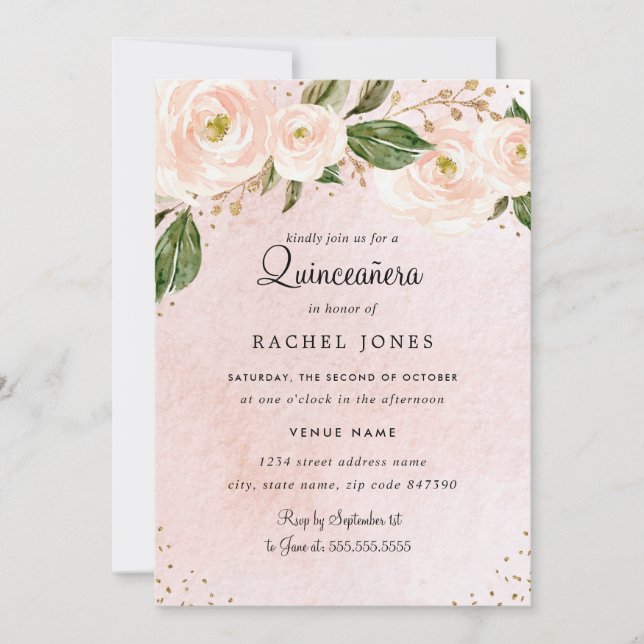 Invitation Anniversaire de Quinceanera en or rose pâle (Devant)