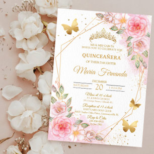 Invitation Anniversaire de Quinceañera en rose et or