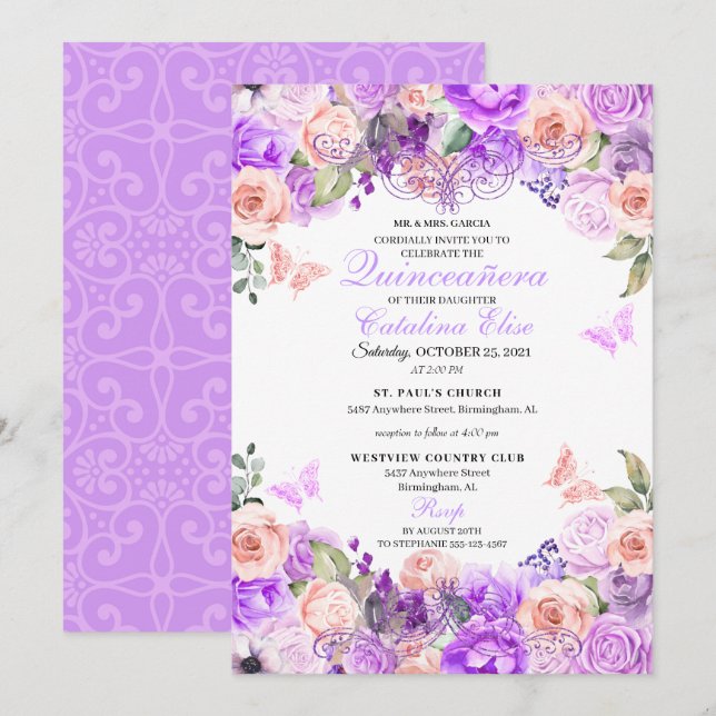 Invitation Anniversaire de Quinceanera florale rose et violet (Devant / Derrière)