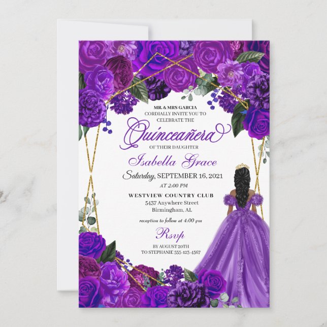 Invitation Anniversaire de Quinceanera florale violet élégant (Devant)