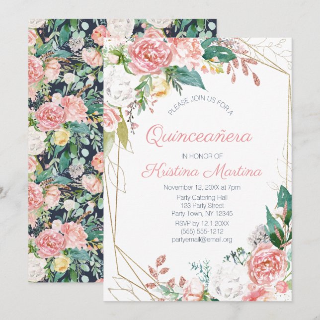 Invitation Anniversaire de Quinceañera vintage rose (Devant / Derrière)