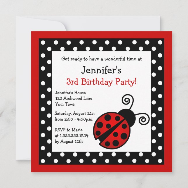 Invitation Anniversaire de Red Ladybug - Pois noirs et blancs (Devant)