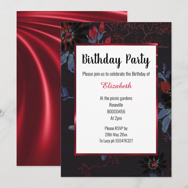 INVITATION ANNIVERSAIRE DE SATIN D'ARBRE FLORAL ROUGE NOIR (Devant / Derrière)