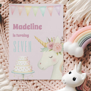 Invitation Anniversaire de sept ans de filles Licorne rose mi