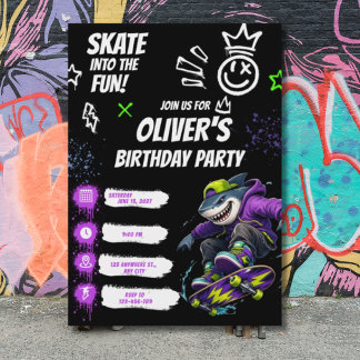 Invitation Anniversaire de skateboard de requin cool