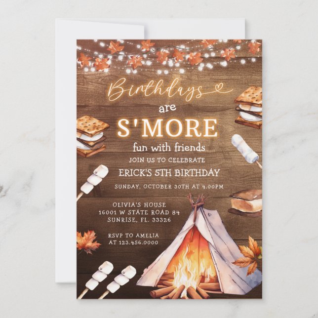 Invitation Anniversaire de S'mores Fun Campfire Fête d'Automn (Devant)