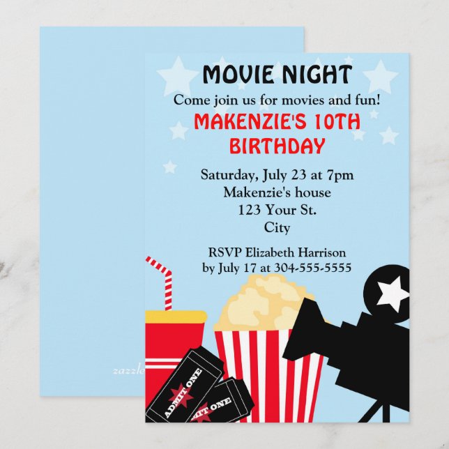 Invitation Anniversaire de soirée cinéma (Devant / Derrière)