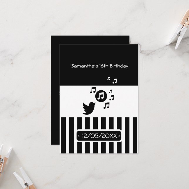 Invitation Anniversaire de Songbird Black White Stripes (Devant/Arrière en situation)