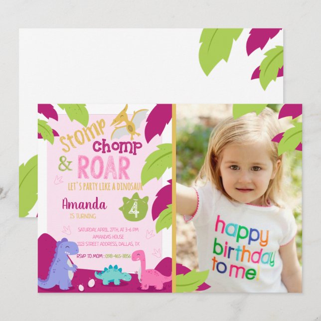 Invitation Anniversaire de Stomp, Chomp et Dinosau (Devant / Derrière)