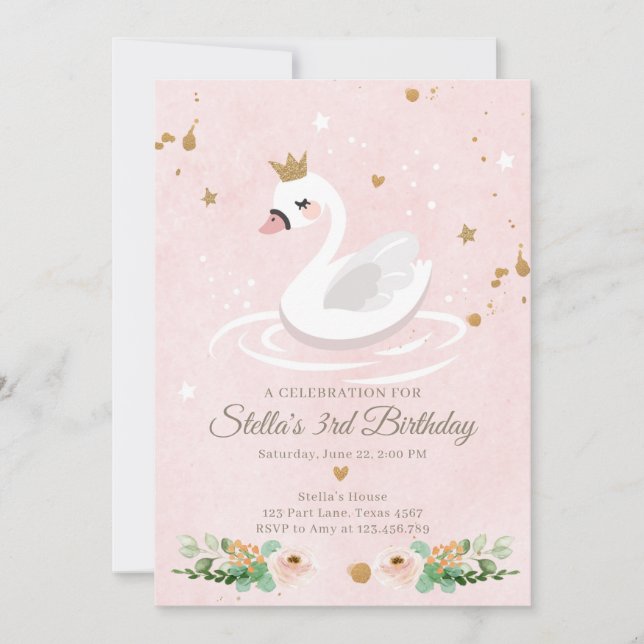 Invitation Anniversaire de Swan Girl Princess Pink (Devant)