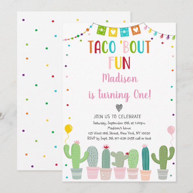 Invitation Anniversaire de Taco Bout Fun Cactus Fiesta Girl (Devant / Derrière)