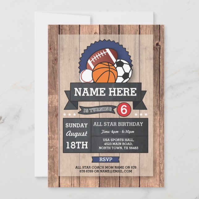 Invitation Anniversaire de tous les sports Star Soccer Rugby  (Devant)
