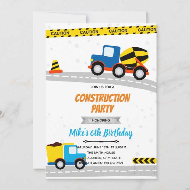 Invitation anniversaire de transport de construction bleue (Devant)