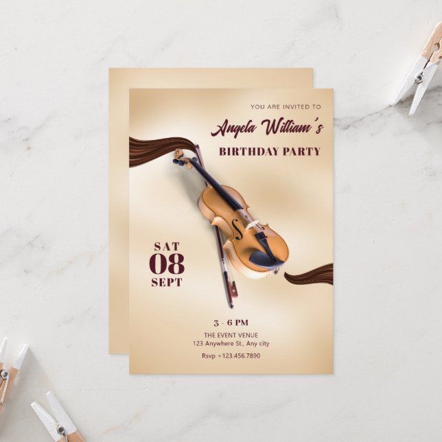 Invitation Anniversaire de violon d'instrument de musique mod (Devant/Arrière en situation)