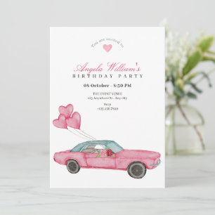 Invitation Anniversaire de voiture rose aquarelle