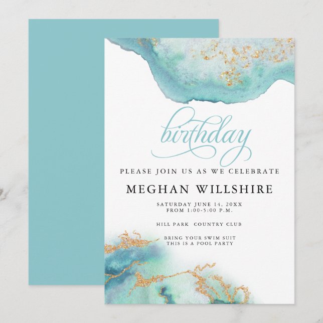 Invitation Anniversaire Décembre Turquoise Blue Watercolor Ge (Devant / Derrière)