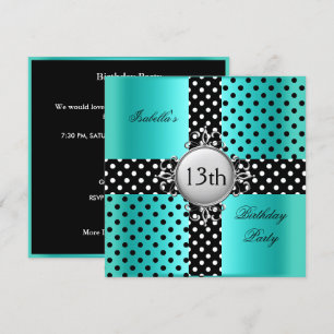 Invitation Anniversaire des 13 ans Teal Bleu Noir à pois