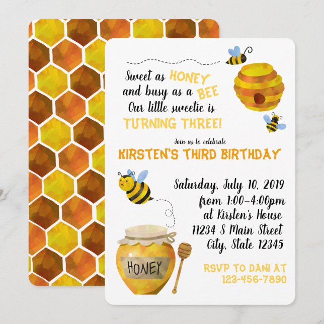 Invitation Anniversaire des abeilles de miel (Devant / Derrière)