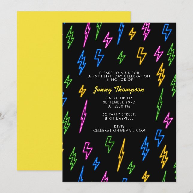 Invitation Anniversaire des années 80 Retro Neon Lightning (Devant / Derrière)
