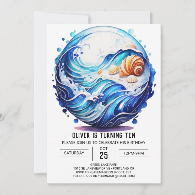 Invitation Anniversaire des enfants bleu profond bord de mer (Devant)