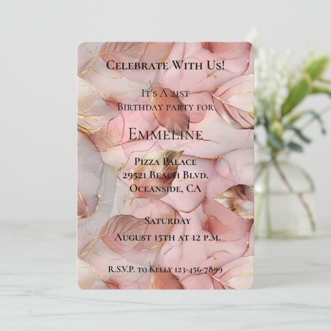 Invitation Anniversaire des Feuilles d'or rose rose romantiqu (Debout devant)