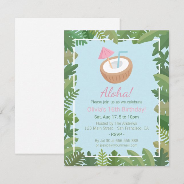 Invitation Anniversaire des Feuilles tropicaux de la noix de  (Devant / Derrière)
