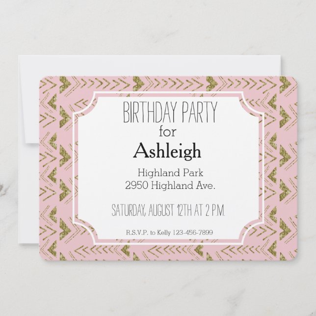 Invitation Anniversaire des flèches de verre rose et or (Devant)