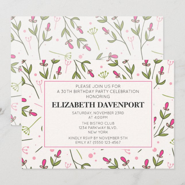 Invitation Anniversaire des Fleurs sauvages roses et verts (Devant / Derrière)