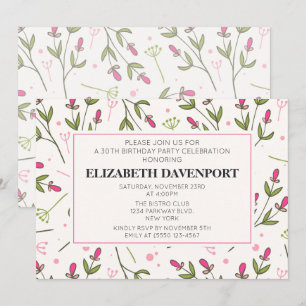 Invitation Anniversaire des Fleurs sauvages roses et verts