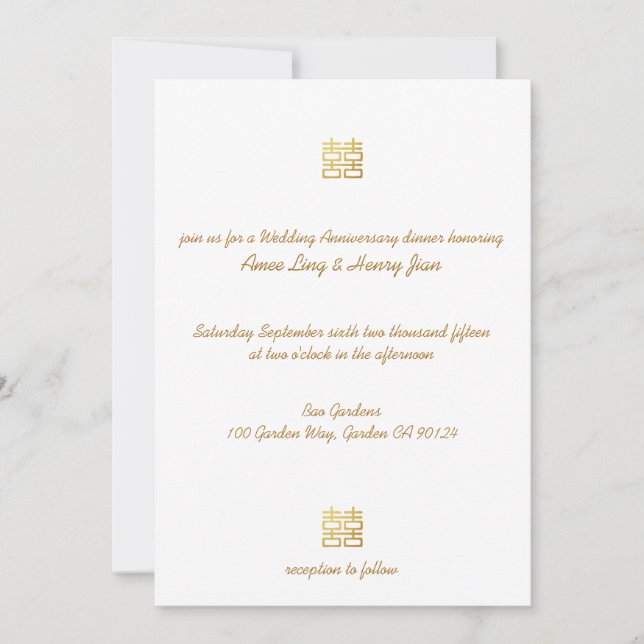 Invitation Anniversaire des Mariages de Gold Double Happiness (Devant)