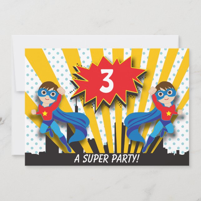 Invitation Anniversaire des Twins Superhero| Cheveux Brown (Devant)