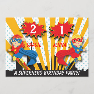 Invitation Anniversaire des Twins Superhero  Cheveux rouges/b