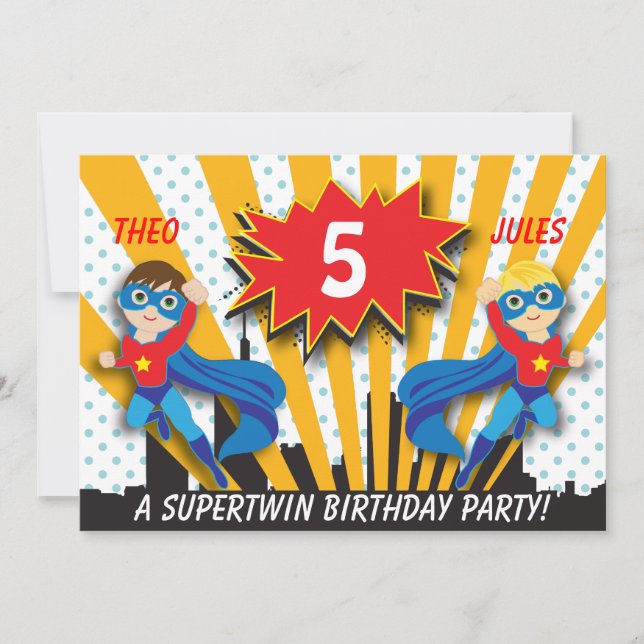 Invitation Anniversaire des Twins Superhero| Garçons Brown/Ch (Devant)