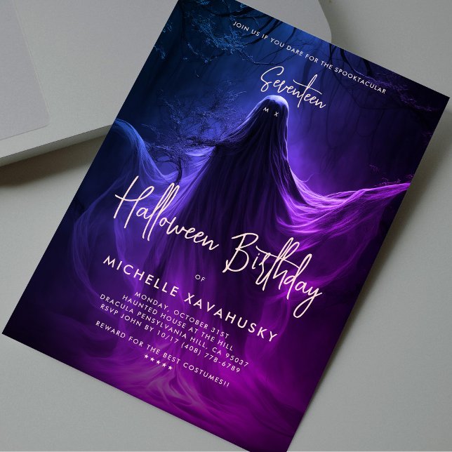 Invitation Anniversaire d'Halloween adulte Fantôme bleu viole (Adult Halloween Birthday Ghost Blue Purple Pink Invitation
)