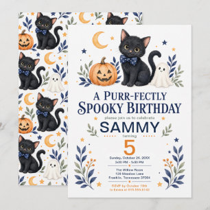 Invitation Anniversaire d'Halloween de chat noir parfaitement