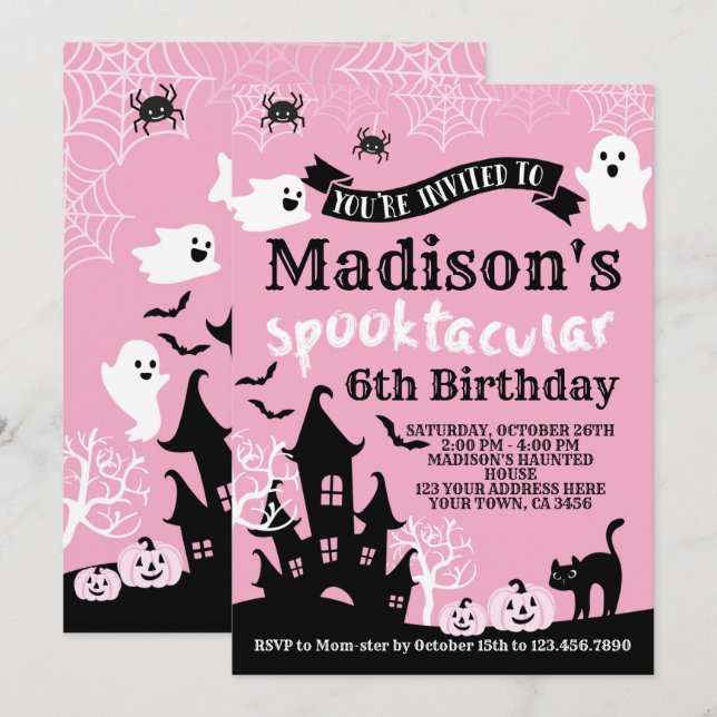 Invitation Anniversaire d'Halloween rose (Devant / Derrière)