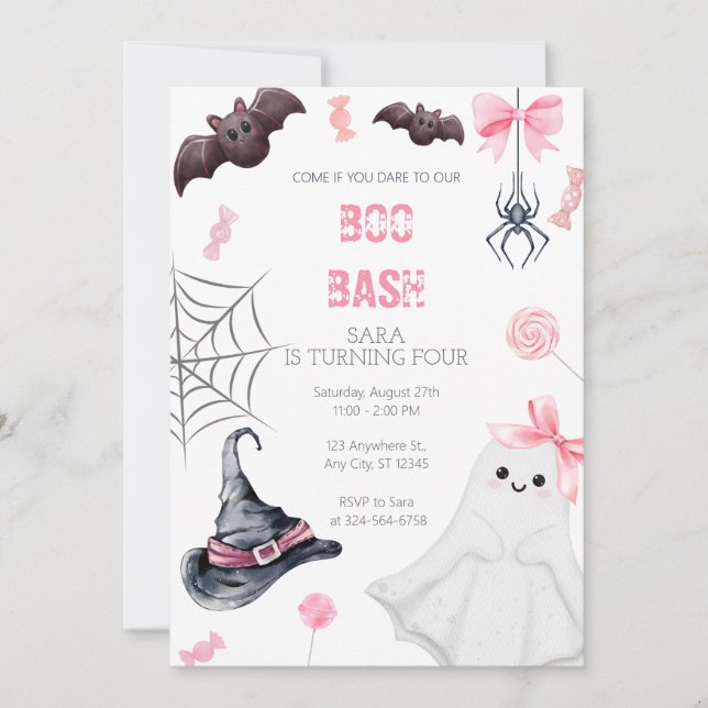 Invitation Anniversaire d'Halloween rose Boo Bash pour filles (Devant)
