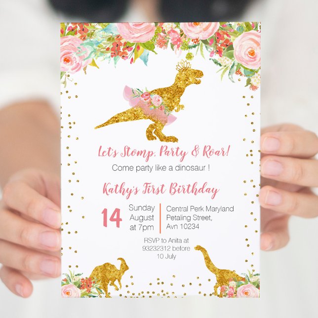 Invitation Anniversaire Dino Trex Rose Floral (Créateur téléchargé)