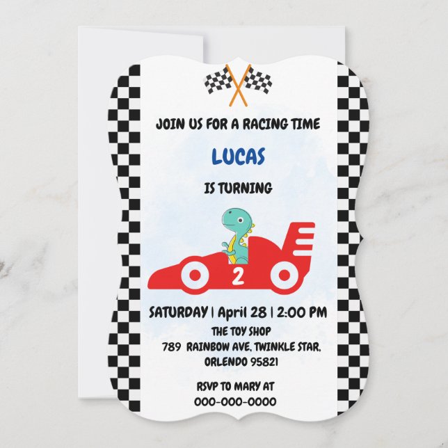 Invitation Anniversaire Dinosaur voiture de course garçon cou (Devant)