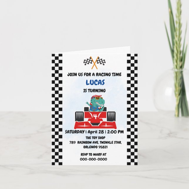 Invitation Anniversaire Dinosaur voiture de course garçon cou (Devant)