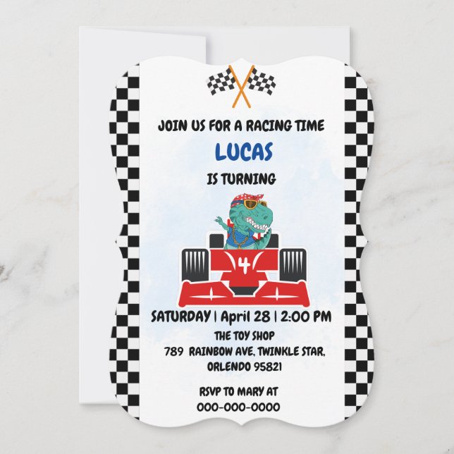Invitation Anniversaire Dinosaur voiture de course garçon cou (Devant)