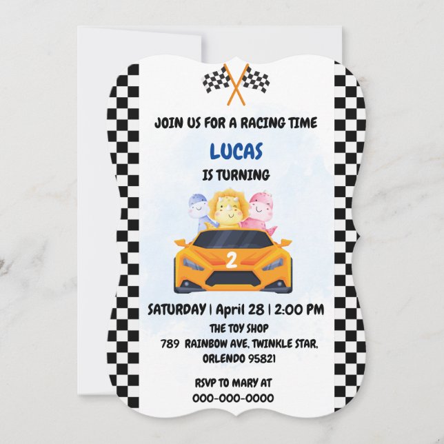 Invitation Anniversaire Dinosaur voiture de course garçon cou (Devant)