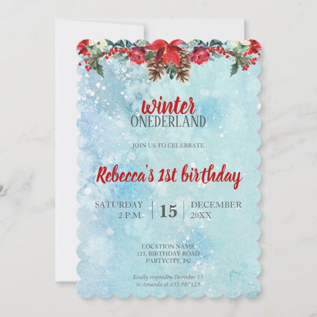 Invitation Anniversaire d'ONEderland d'hiver floral de neige (Devant)