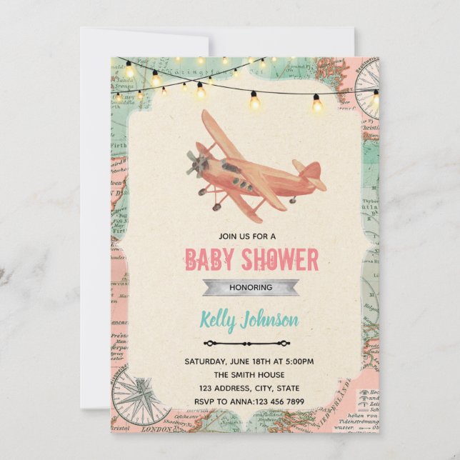 Invitation anniversaire douche avion de voyage (Devant)