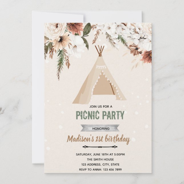 Invitation anniversaire douche tipi boho (Devant)